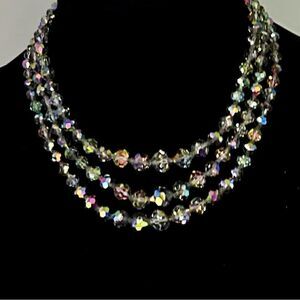 Vintage Laguna Three-Strand Aurora Borealis Beaded Clear Crytal Necklace Perfect
